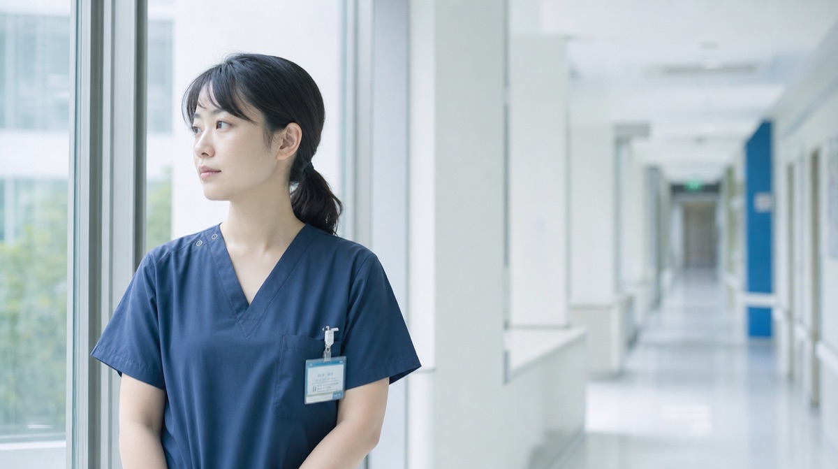 窓辺で物思いにふける看護師