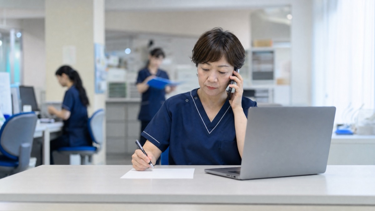 診療の合間に採用資料を広げる院長・師長の散らかった机