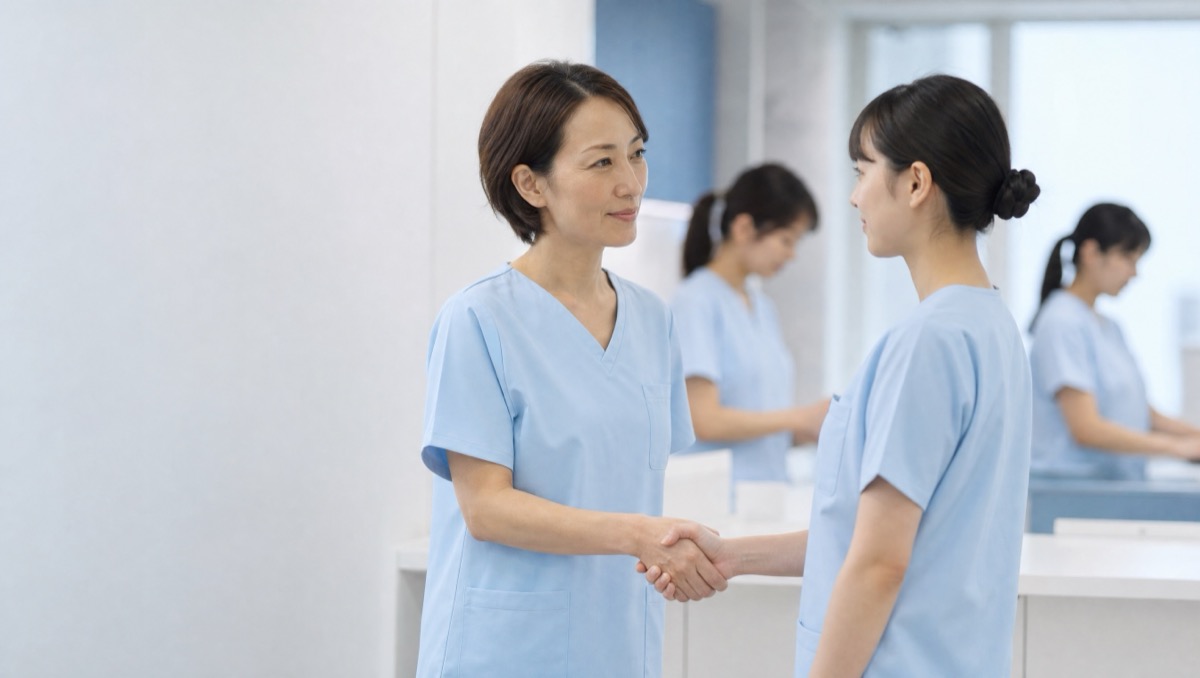 新人スタッフに院内を案内する先輩スタッフのイメージ