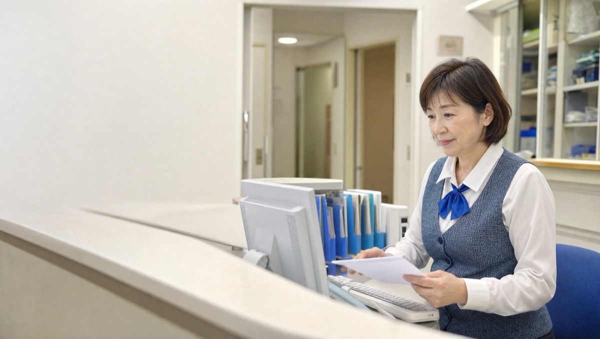 受付窓口で患者に対応する医療事務スタッフのイメージ
