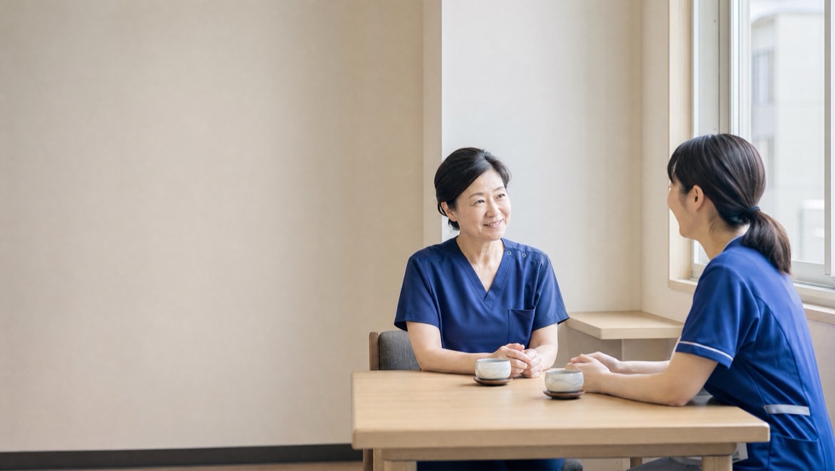 休憩スペースで先輩と後輩が向き合って話す様子のイメージ