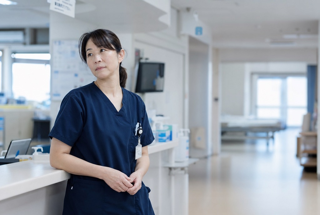 病棟で表情を曇らせる看護師長