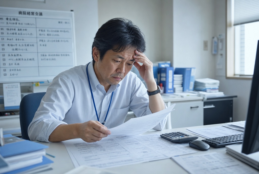 紹介手数料の書類を前に頭を抱える事務長
