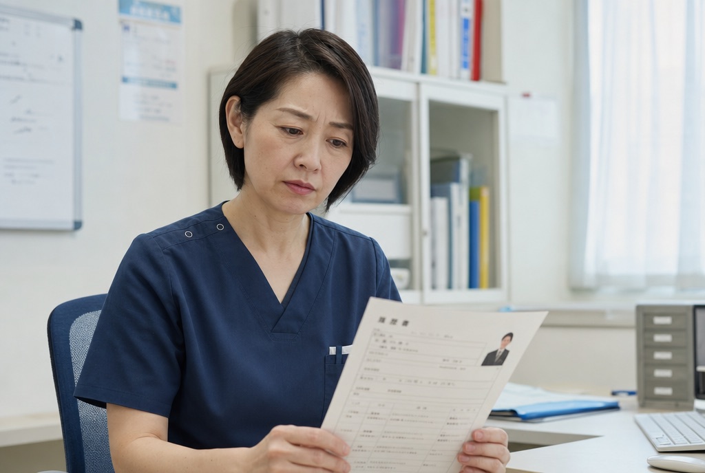 履歴書を前に判断に迷う看護師長